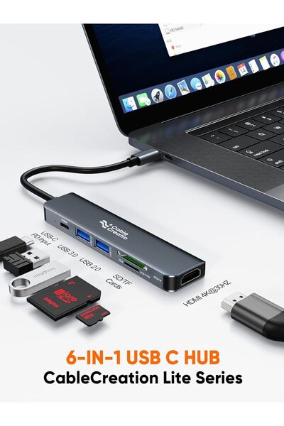 007 موزع USB-C 6 في 1 من CableCreation (Lite) — HDMI بدقة 4K، وPD بقوة 100 واط، وUSB 3.0/2.0، وقارئ SD/TF