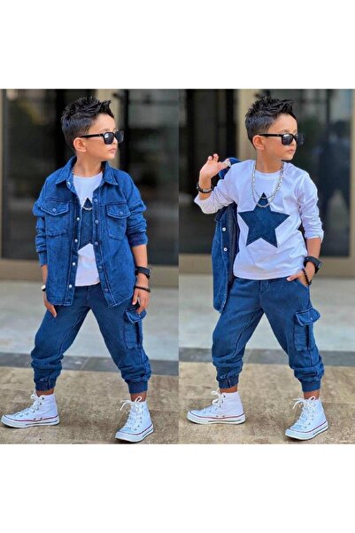 RAPAPA Boy's Denim Look 3-Piece Set – Star Pattern T-Shirt, Shirt and Pants 2060 m