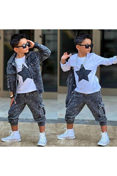 RAPAPA Boys' Denim Look 3-Piece Set – Star Pattern T-Shirt, Shirt and Pants 2060 S
