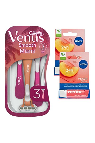 Gillette Venus Smooth Miami 3-Pack Disposable Razor Blades + Nivea Lip Cream Peach 2 Pcs