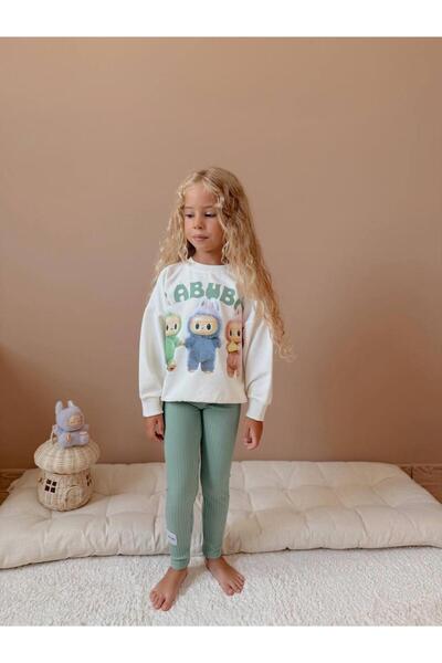 RAPAPA Girl's Printed Ecru Sweatshirt Green Leggings Girl's Set - Set of 2 4023