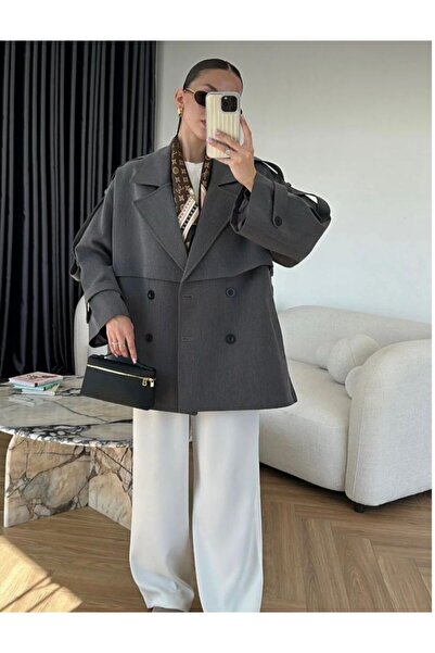 ALVOR Short Trench Coat with Sleeves and Belt Gray
