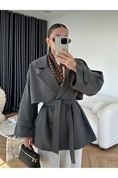 ALVOR Short Trench Coat with Sleeves and Belt Gray