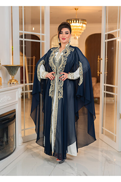 DADO BELLA Lacivert Kemerli Dış Şifon Kumaş İç Krep Şifon Nakış Detaylı İkili Yöresel Kaftan