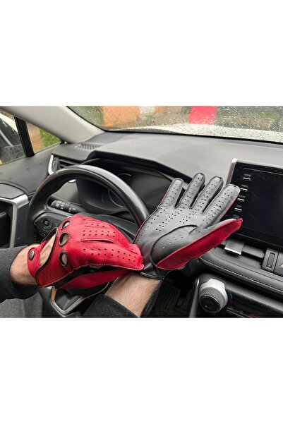 Hungant Men's driving gloves sheepskin black red