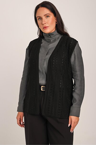 Uludağ Triko Жіночий чорний мереживний вишитий мерсеризований трикотажний жилет 30029