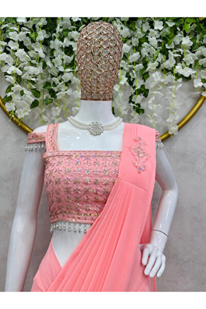 MYSMAR Peach Faux Georgette Saree - FFT1051 | Peach