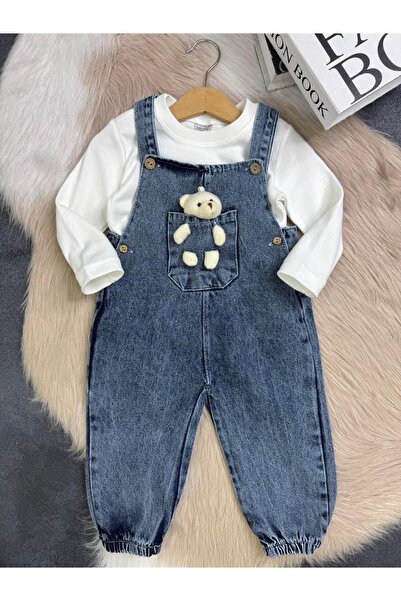 Mişsa Bebe Unisex Ayıcıklı Bebek Kot Salopet Ayıcıklı 2 Parça
