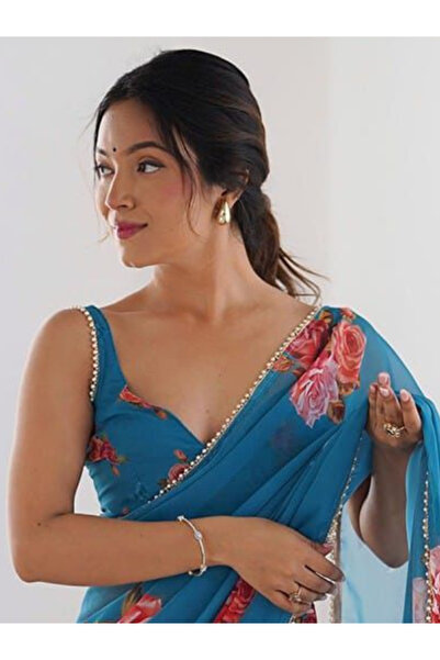 MYSMAR Blue Georgette Silk Saree - FFT4737 | Blue