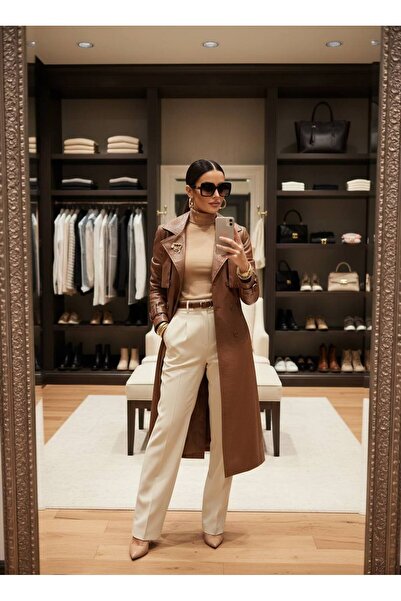 1Moda1Tarz Imported Leather Coat with Brooch Detail and Lining, Special Design, Including Belt