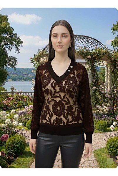 aytenli V-Neck Embossed Ethnic Motif Figured Transparent Crisp Blouse with Tiny Collar Accessories