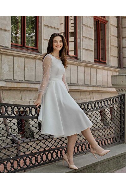 LARIETTE White midi satin civil wedding dress with sleeves decorated with pearls