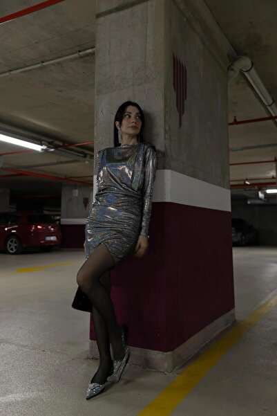 Butik ALLBUCKS Gri Parıltılı Vatkalı Elbise ABGYM0809