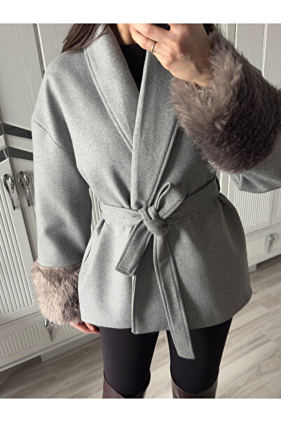 AB LOOKS Women's Calida Gray Premium Cashmere Coat with Fur Sleeves and Plush Belt