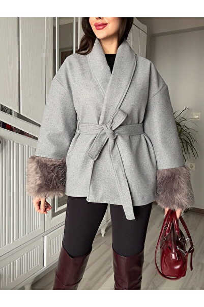 AB LOOKS Women's Calida Gray Premium Cashmere Coat with Fur Sleeves and Plush Belt