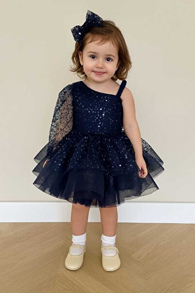 Mirace Styl Pullu boncuklu lacivert çocukabiye düğün mezuniyet elbisesi