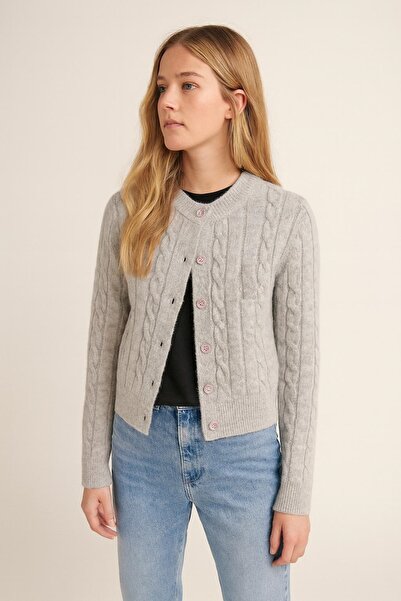 LOTUS CITY Gray Crew Neck Buttoned Crop Knit Cardigan