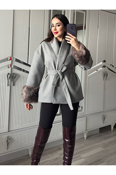 AB LOOKS Women's Calida Gray Premium Cashmere Coat with Fur Sleeves and Plush Belt