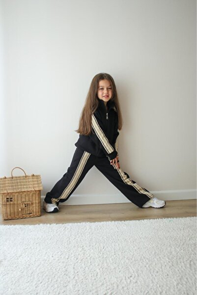 Aselin Kids Κοριτσίστικο ριγέ μαύρο αθλητικό σετ φόρμας με κάτω και επάνω μέρος