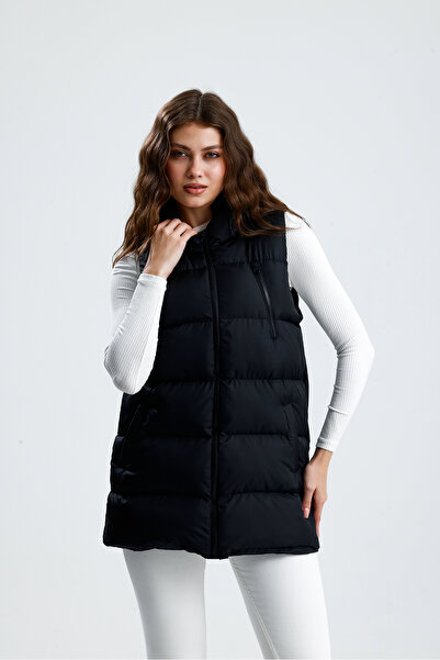 jöns since 1997 Γυναικείο μαύρο φουσκωτό γιλέκο με με κουκούλα τσέπες