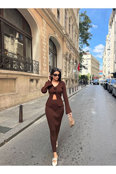 Bak'ap Premium Rose Detailed Cardigan-Long Skirt 2-Piece Knitwear Set