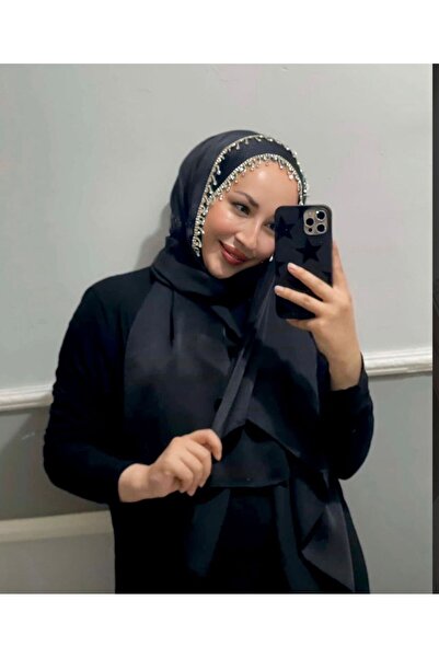 ALLURİNG Kadın Saçaklı Taşlı Abiye Şal-Siyah