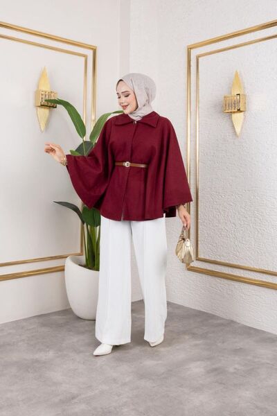 Butik Tuğbam Black Woven Fabric Belt Detailed Cape Poncho Jacket