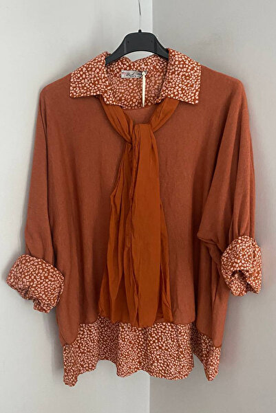 AYASOFYA OTANTIK Women's Italian Kiritmit Mosaic Pattern Scarf and Shirt 3-Piece Knitwear Blouse