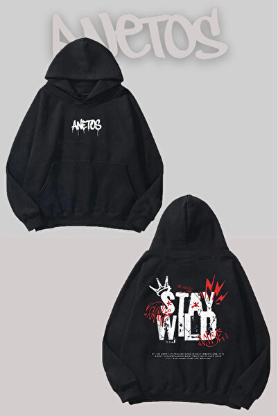 Anetos Stay Wild Rucsac cu imprimeu Negru cu glugă Swea tricou