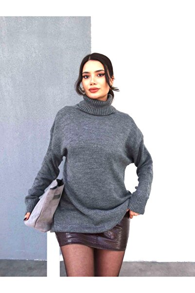 zibayi سترة نسائية طويلة من التريكو بياقة نصفية رمادية - قصة فضفاضة، نسيج ناعم، شتوية