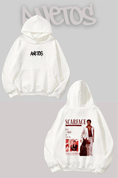 Anetos Scarface 4 Sırt cu imprimeu Alb cu glugă Swea tricou