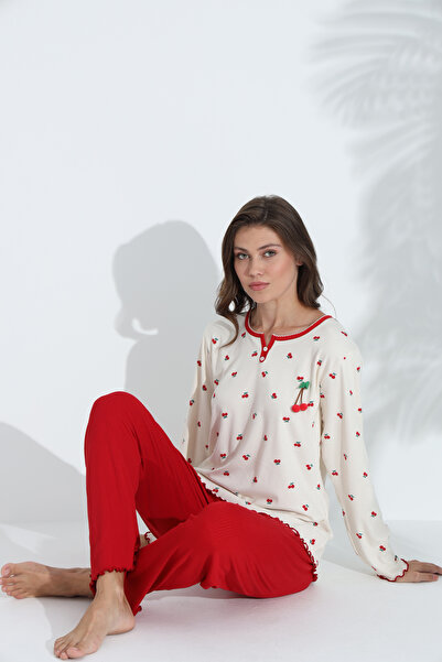 SEBOTEKS Cherry Patterned Transitional Fabric Long Sleeve Women's Pajamas Set 6200