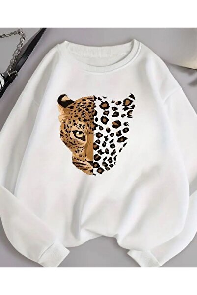 HerTarzınTrendi Swea tricou pentru femei, alb, cu imprimeu leopard, cu imprim...