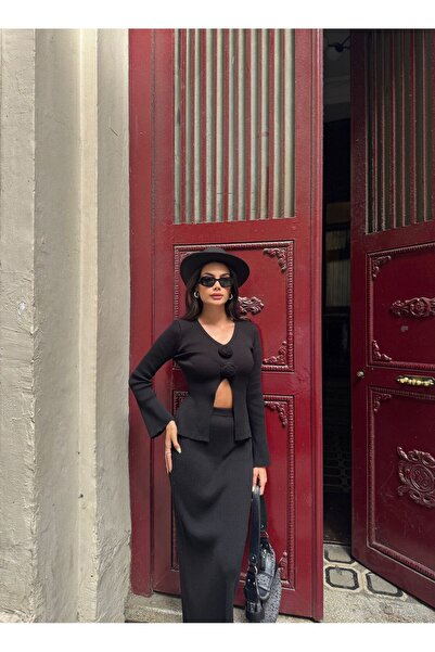 Bak'ap Set de tricotaje din 2 piese, cardigan cu detalii de trandafiri premium și fustă lungă