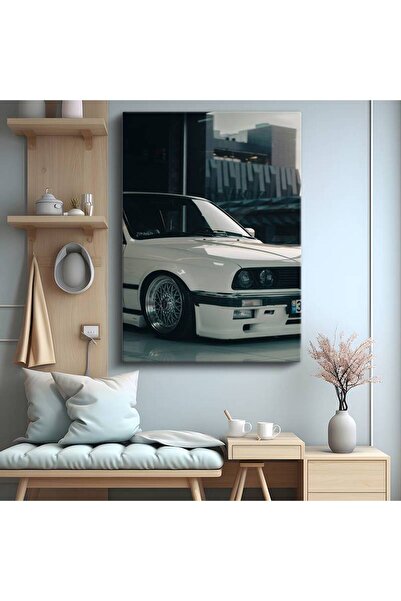 TosbArt BMW E30 Beyaz Modifiyeli Sedan Kanvas Tablo Alman Klasik Otomobil Tablo