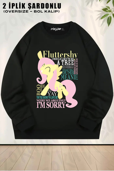 ZOKAWEAR Unisex Bol Kalıp The Many Words Of Fluttershy Baskılı Tasarım Oversize Bisiklet Yaka Sweatshirt