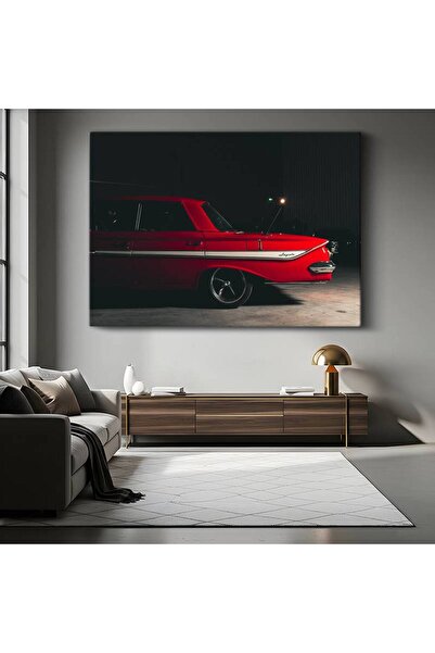 GülsenArt Chevrolet Impala Kırmızı Klasik Kanvas Tablo Amerikan Arabası Detro...