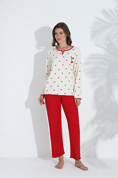 SEBOTEKS Cherry Patterned Transitional Fabric Long Sleeve Women's Pajamas Set 6200
