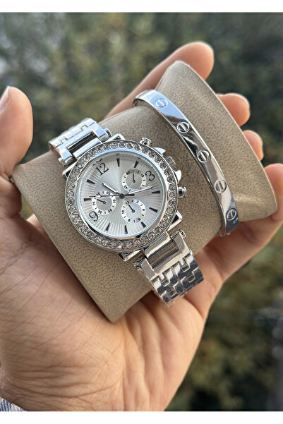 Tulpar Women's Silver Color Wristwatch with Zircon Stone in Special Box with Bracelet Gift