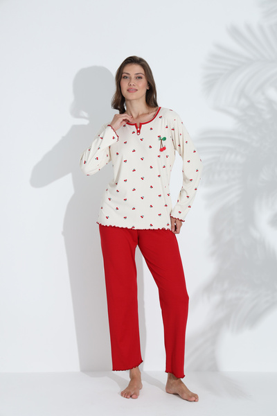 SEBOTEKS Cherry Patterned Transitional Fabric Long Sleeve Women's Pajamas Set 6200