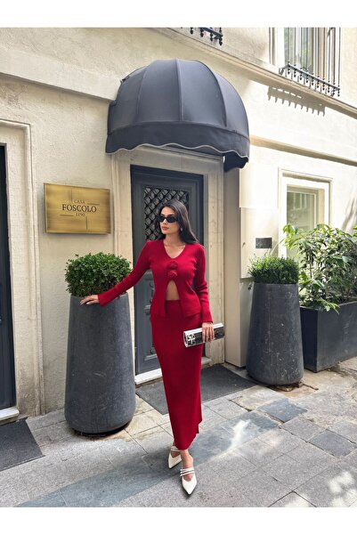 Bak'ap Premium Rose Detailed Cardigan-Long Skirt 2-Piece Knitwear Set