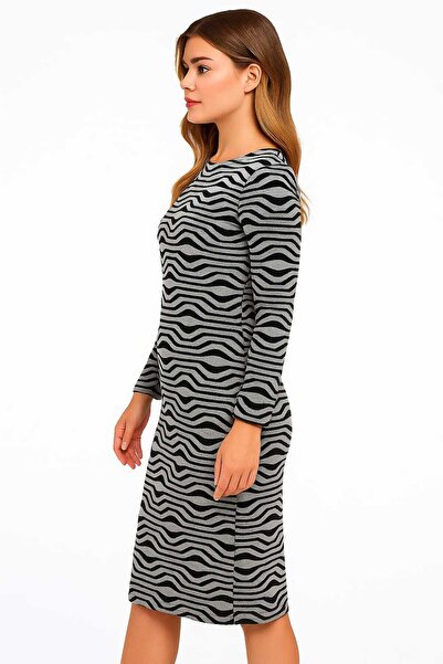 Şans Women's Plus Size Grey-Black, Crew Neck Patterned Dress 65N39206