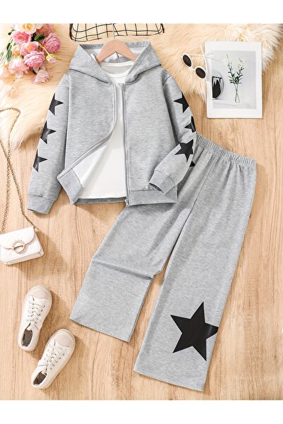 cc collection Kız Çocuk Yıldız Desenli Kapüşonlu Eşofman Takımı 2’li Set