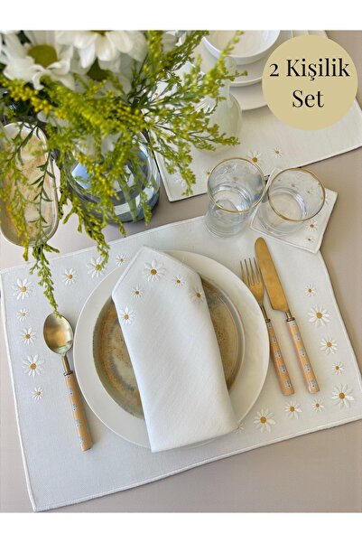 Smiling Creations Daisy Dream 2 Kişilik Set / Papatya Nakışlı Keten 2 Kişilik...