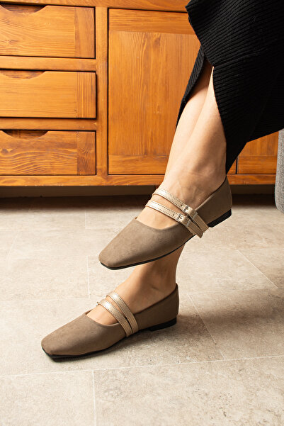 Parparastil Gracy Beige Women's Suede Buckle Ballerina Square Toe Elegant Flat Sole Casual Shoes