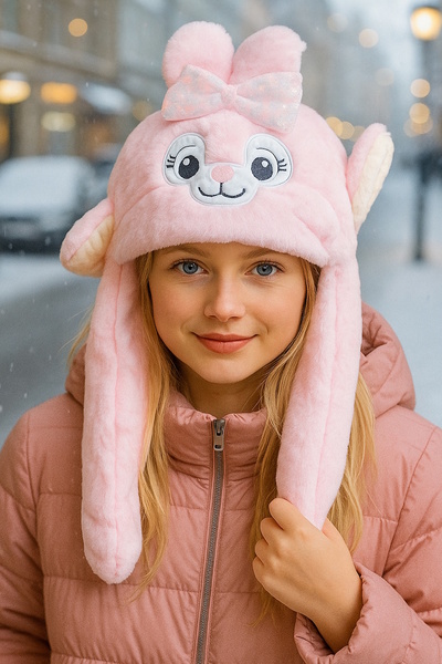 CAŞ DEKORASYON Відкритий рожевий колір, рухомі вуха, плюшевий кролик, шапка