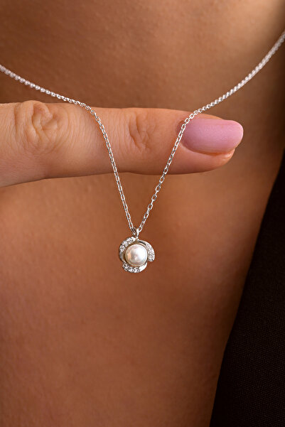 ESSARE 925 Ayar Gümüş Rodyum Kaplama Zirkon Taşlı İncili Kolye