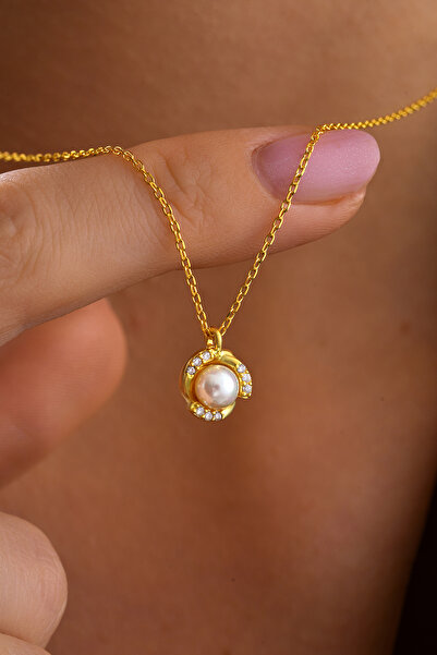 ESSARE 925 Ayar Gümüş Gold Kaplama Zirkon Taşlı İncili Kolye