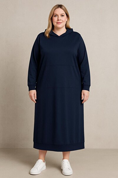 MAY MARA BÜYÜK BEDEN CEPLİ VE KAPŞONLU 3 İPLİK ELBİSE