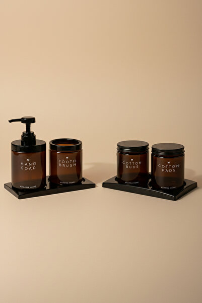 KHAKMA Amber Glass 4-Piece Bathroom Set |   Soap Dispenser, Toothbrush Holder, Cotton Swab Holder, Ear Swab Box 250 ml